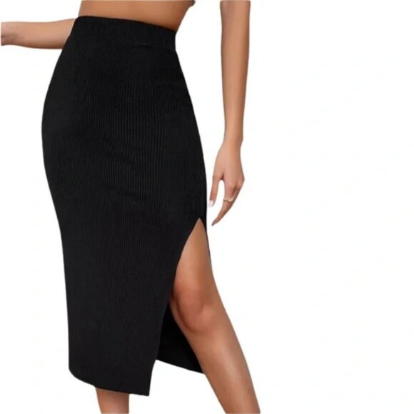 Abercrombie & Fitch Ribbed Midi Skirt Side Slit Black Size XXS - Picture 2 of 4